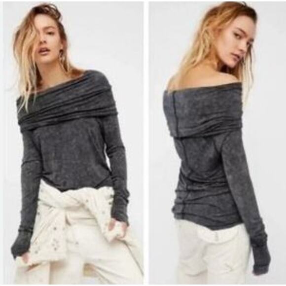 Free People Cosmo Cowl Neck Top Gray Marble Tie Dye Off the Shoulder S - Picture 1 of 5